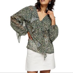 TopShop Green Grungle Ruffle Floral Chiffon Top Womens Size 2 NEW